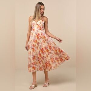 Lulu's Floral Pleated Midi Dress in Cream, Orange & Pink